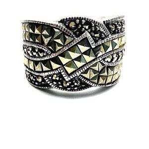 1980s Judith Jack Sterling Silver Marcasite Wide Crossover Band Ring